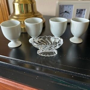 Elegant White Egg Cups with Vintage Fostoria Crystal Salt Cellar Dish